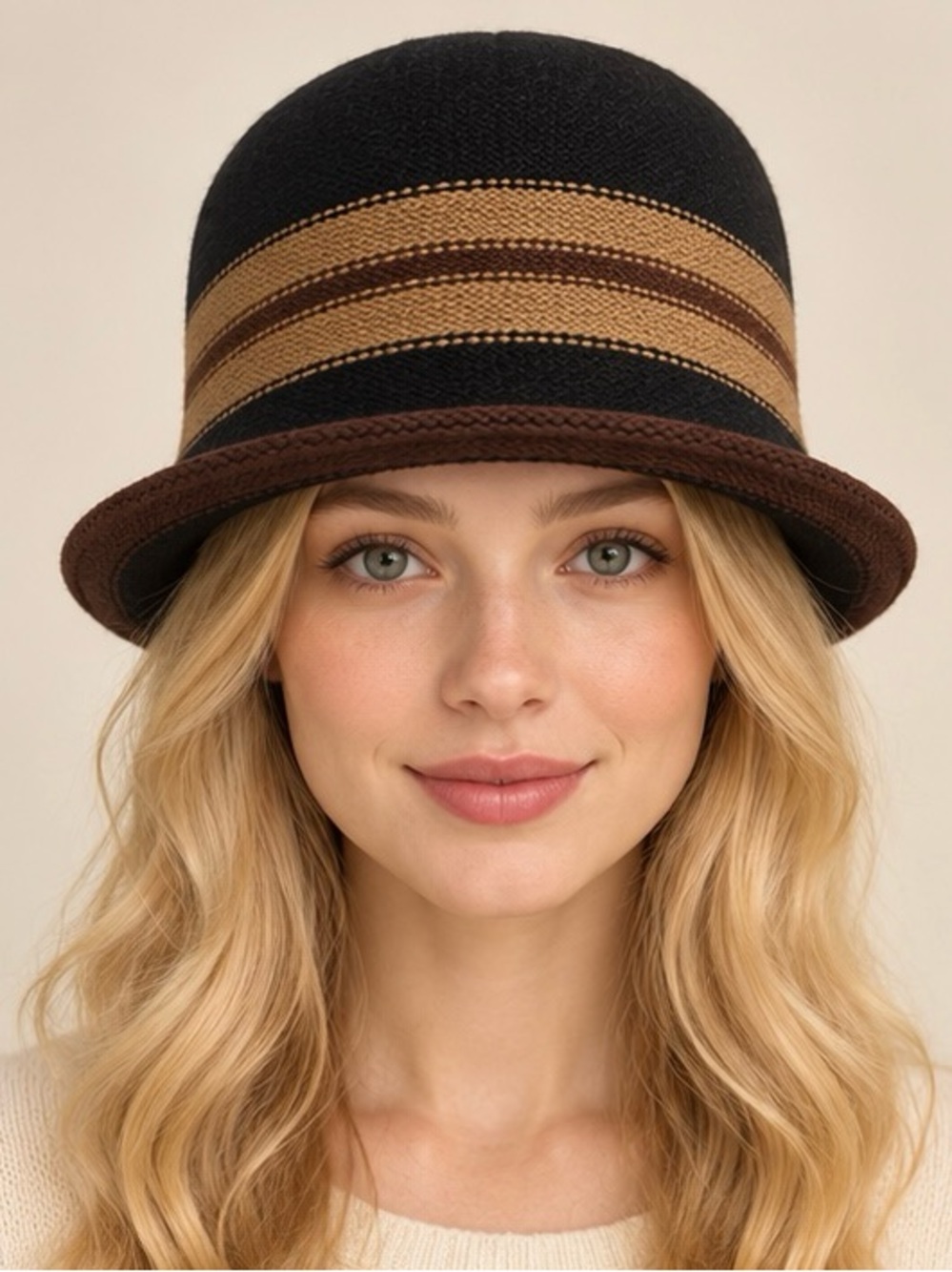 Black Camel Brown Knit Cloche Hat Lightweight Striped Short Brim Size Adjustable